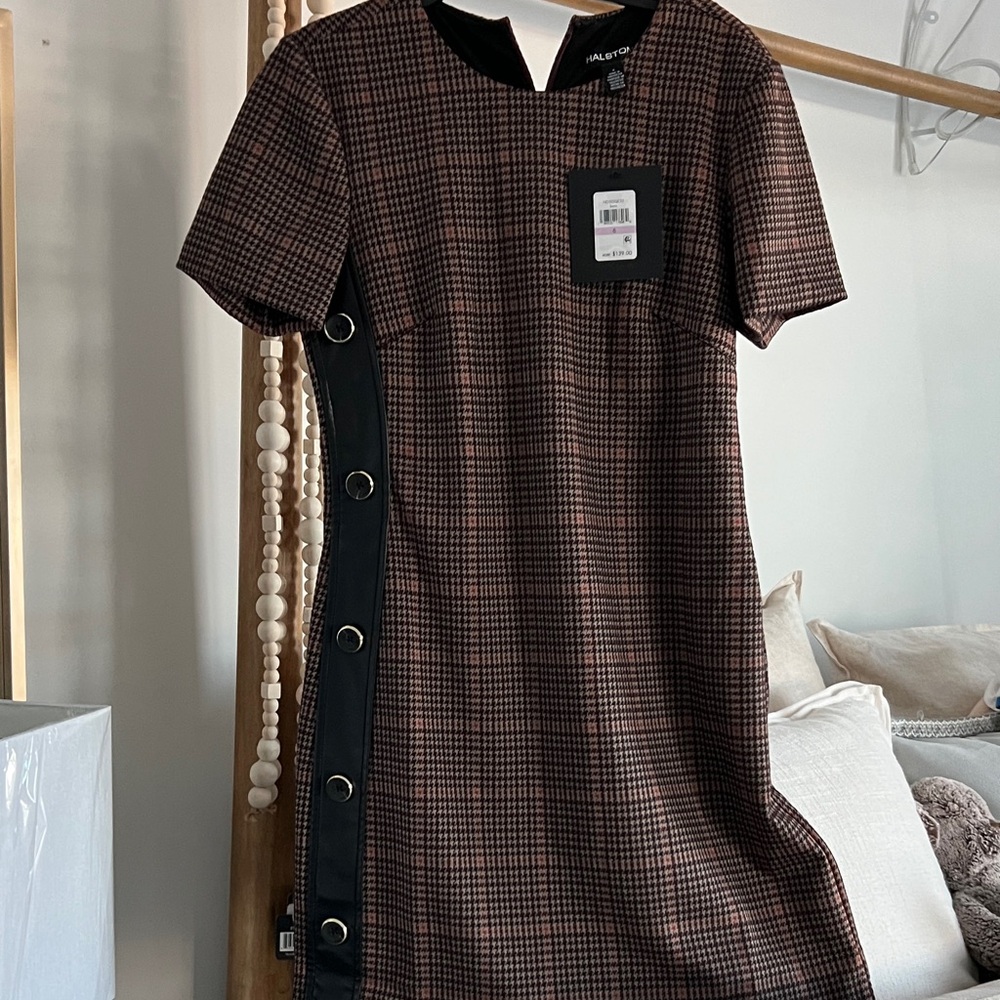 Halston Brown Plaid  Dress with Black faux leather &  Button Detail very classy